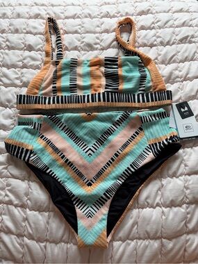 Ripcurl Mint, Peach & Black Striped Two-Piece Swim Set